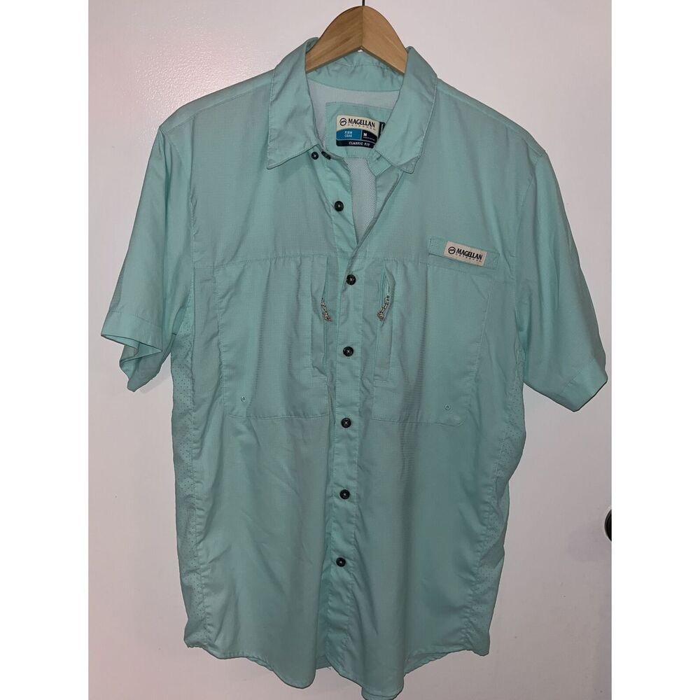Magellan Fishing Shirt Mens Medium Mint Fish Gear Short Sleeve Vented Button Up